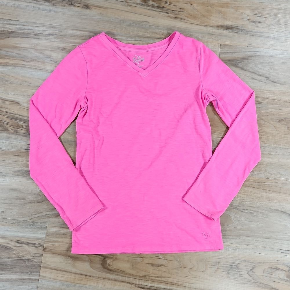 🔸️Justice Hot Pink Vneck Burnout Long Sleeve Top Youth Size 14